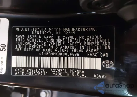 2019 Toyota Camry Hybrid Le from USA, damaged, VIN 4T1B31HKXKU006696